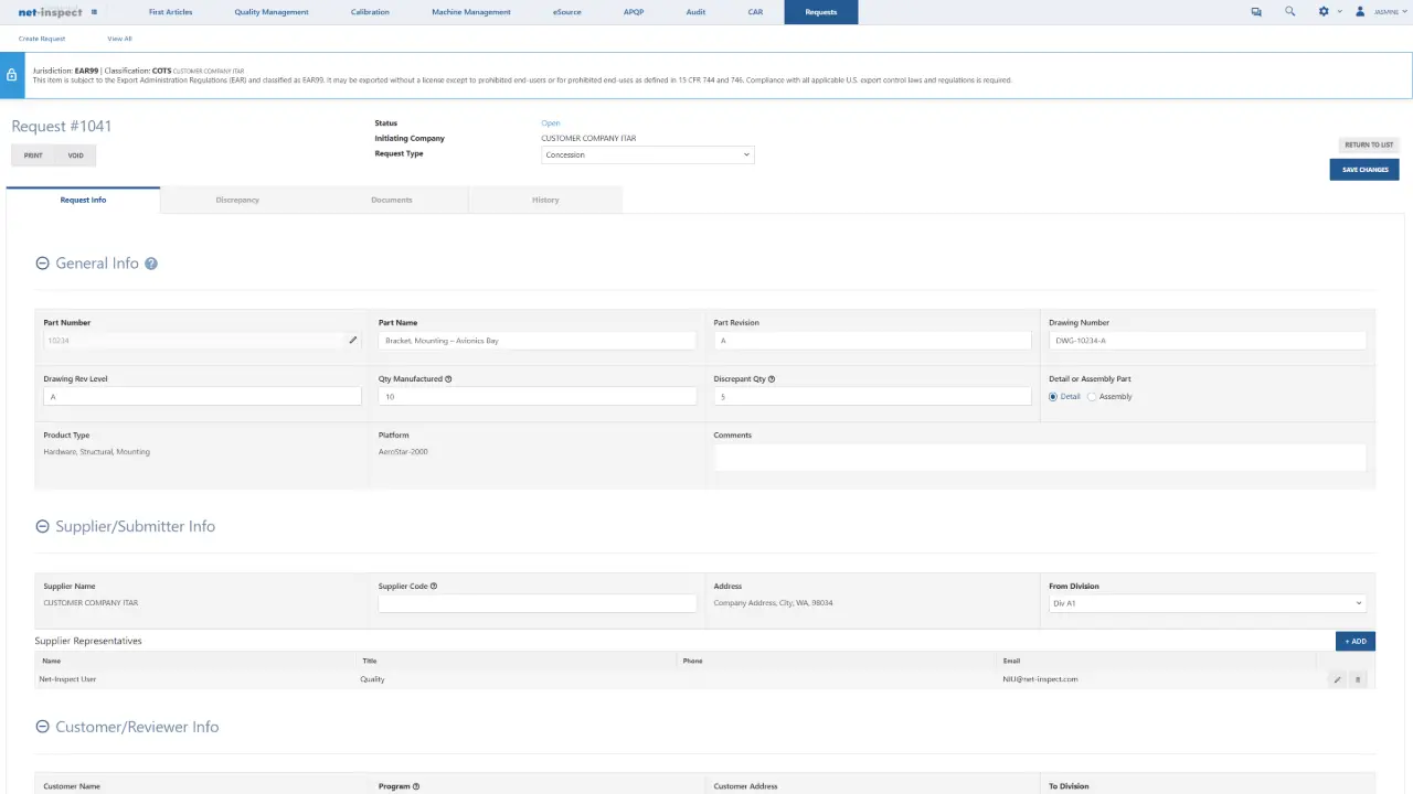 IconNet-Inspect Request general information tab showing structured part details, supplier/submitter information, and customer/reviewer details in organized sections